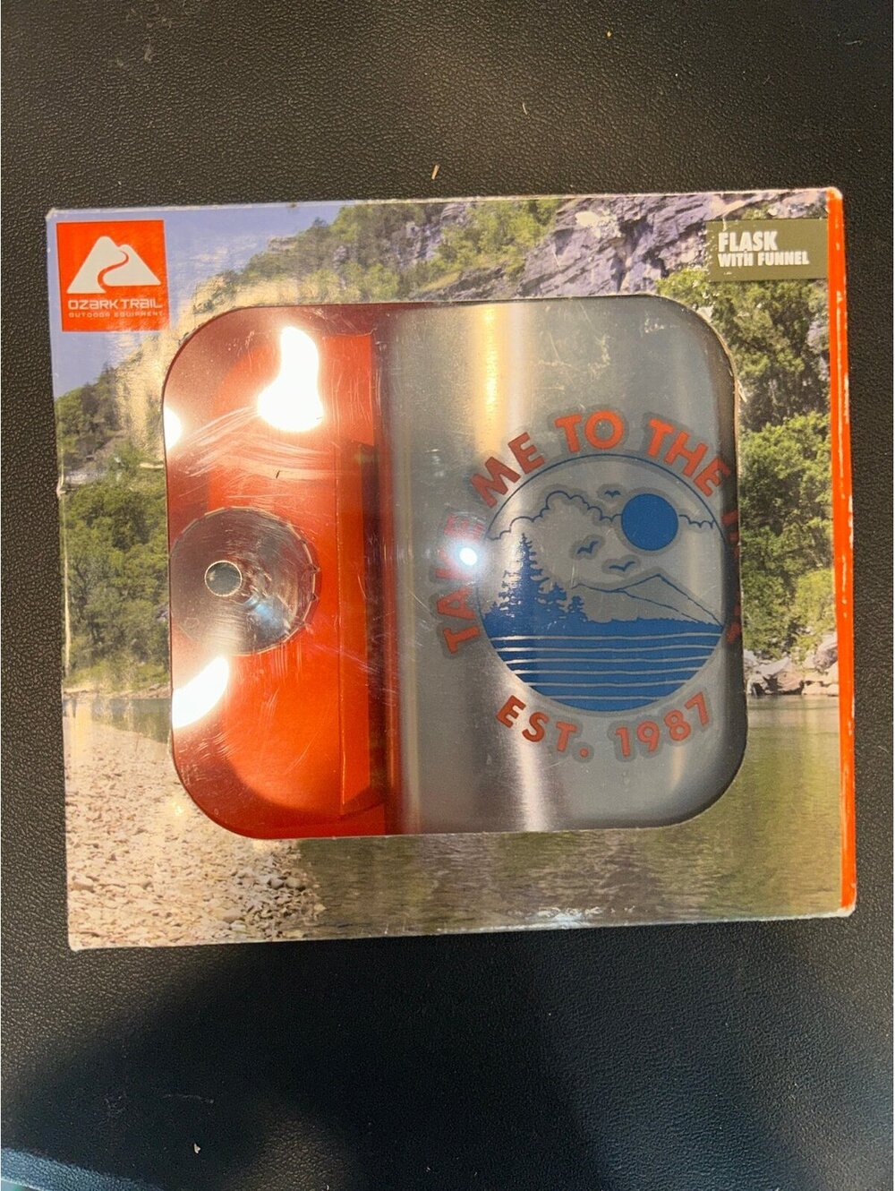 Ozark Trail 7.5 oz Stainless Steel Flask w/ Funnel Take Me to the Lake NEW